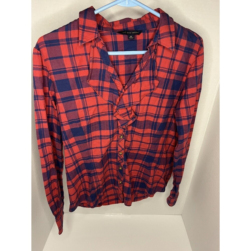 Brooks Brothers 346 Womens Dressy Plaid Button Up Ruffles Red Blue Size 10